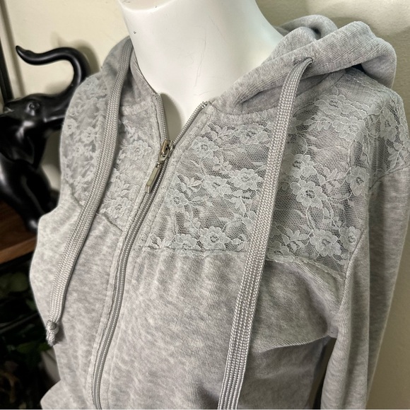 Gray Women’s Lace Zip-Up Hoodie Sweater - Picture 3 of 5